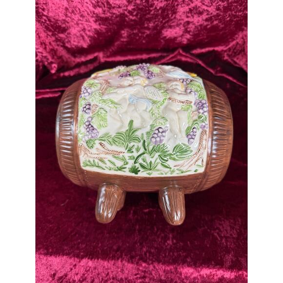 Vintage Pottery Mid Century Wine Barrel Keg Decanter Putti, Bacchus, Goat Relief - Picture 11 of 12